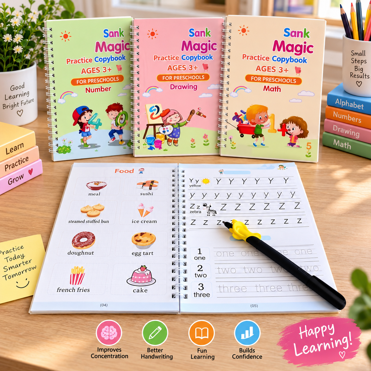 4-in-1 Magic Practice Copybooks For Kids (4 Books + 10 Refill)