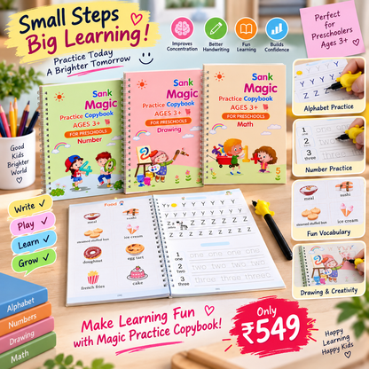4-in-1 Magic Practice Copybooks For Kids (4 Books + 10 Refill)