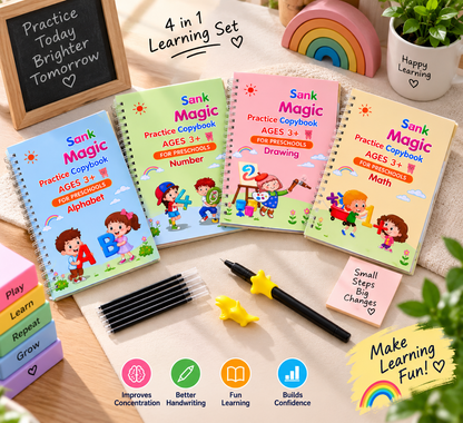 4-in-1 Magic Practice Copybooks For Kids (4 Books + 10 Refill)