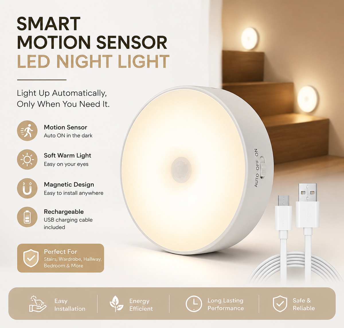 Smart Motion Sensor LED Night Light – Rechargeable & Wireless ( Pack of 2)